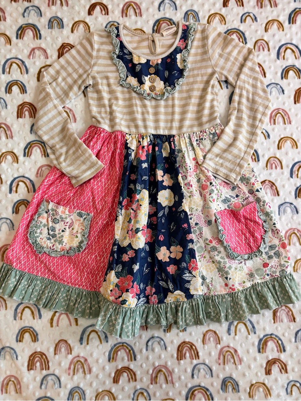 Cheeky Plum Girls' Mixed Floral Patchwork Dress - Pink, Navy & Cream Size 8